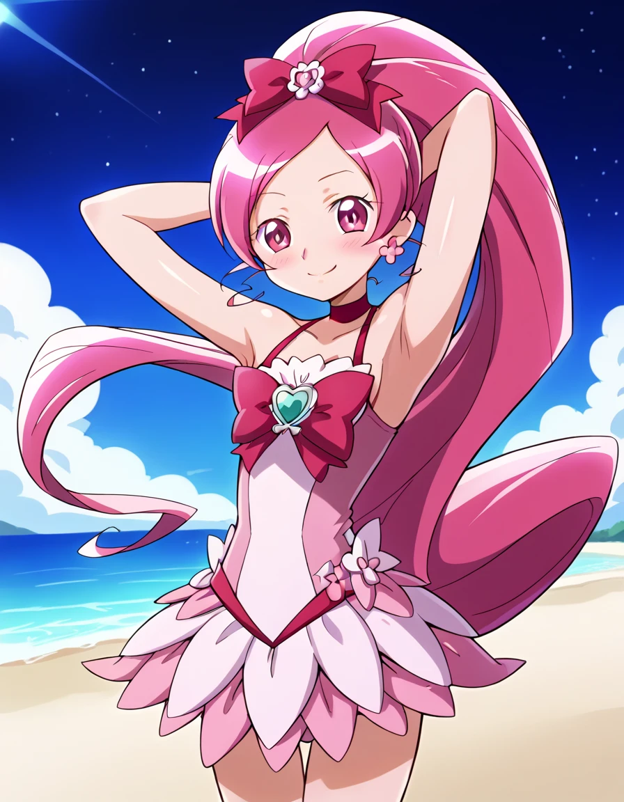 cureblossom, shiny skin, high quality, solo, 1girl, night sky, beach, arms behind head, sexy, (contrapposto), closed mouth, spread armpits, cowboy shot, looking at viewer, smile, best quality, blushing,