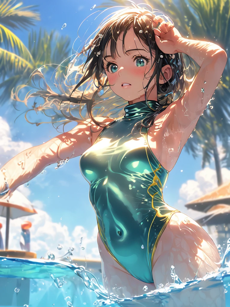 best quality, masterpiece, ultra high res, (photorealistic:1.4), RAW photo, Intricate details, ((Perfect Anatomy)), Big beautiful eyes, Perfect contours, masterpiece, One girl, ((Kindergarteners)), Shortcuts, Small breasts, (one piece, turtleneck,No sleeve), Transparent and clear metallic green swimsuit, tight high leg swimsuit, ((Shooting from below, looking up:1.2)), Portrait, View your viewers, Outdoor swimming pool, Partially submerged, Wet Skin, Shy, (armpit)