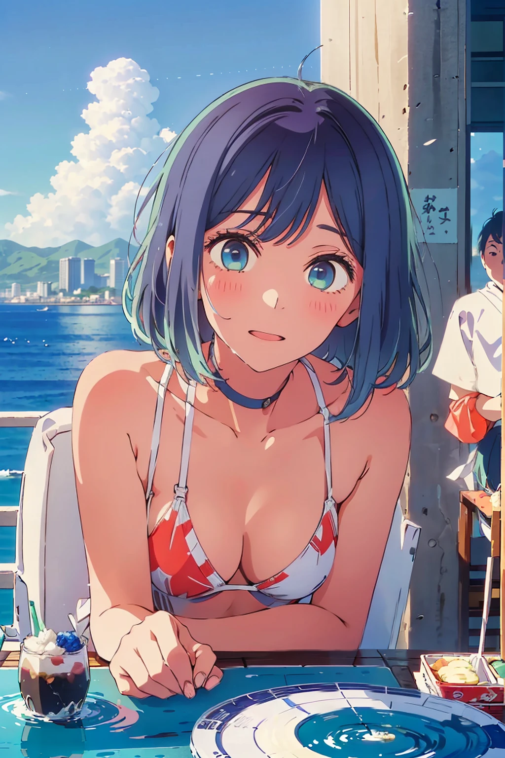 (Highest quality:1.4、8K:1.4、detailed)、F cup bust、Big Breasts、Slim body、Very white beautiful skin、((((1 person、Surprised expression、sit、Chair、In the background are the urban buildings of Tokyo、looking at the camera、Outdoor café terrace、coastal、Navy hair color、juice、White side string high leg bikini、Shooting up close、Shooting from an angle、Leaning forward、table、Very cute face))))、(Waving:1.4)、Very blue sky、A completely cloudless sky