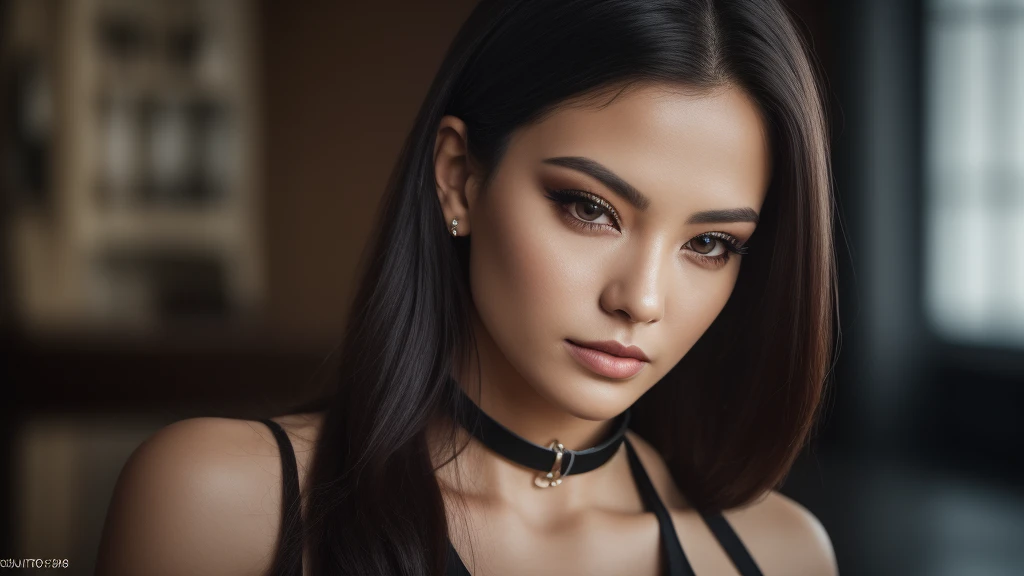 tmasterpiece,best qualtiy,hdr, hyper HD, 8K,Bokeh,Ultra-fine painting,Sharp focus,Physically-based rendering,Extreme detail description,portraitures,half-body photo,looking at viewer, choker, dark eyeshadow:1.3, (EOS R8, 50 millimeters, F1.2, 8K, RAW photo:1.2)