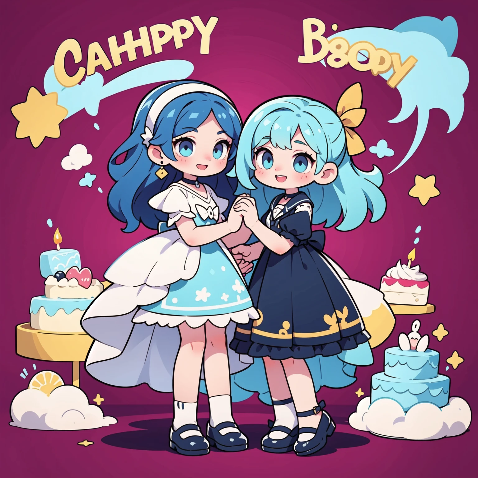 First place girl, best quality, masterpiece, Ultra-high resolution, 8K, (skirt,Small leather shoes) , soft line art, Digital enhancement, Girl comic style, Girls comics core,, soft drawing, ((Beautiful long blue hair,Clear eyes)), (Bangs)), ((dress)),(cute),(Laughing happily)(Birthday cake in hand),(Ribbon background),Ultra-detailed digital animation art, The face is clearly depicted, Clear facial features, Comic style, Top quality colors, You can see the angle of the feet, Pretty and beautiful: 1.5, high quality:1.3