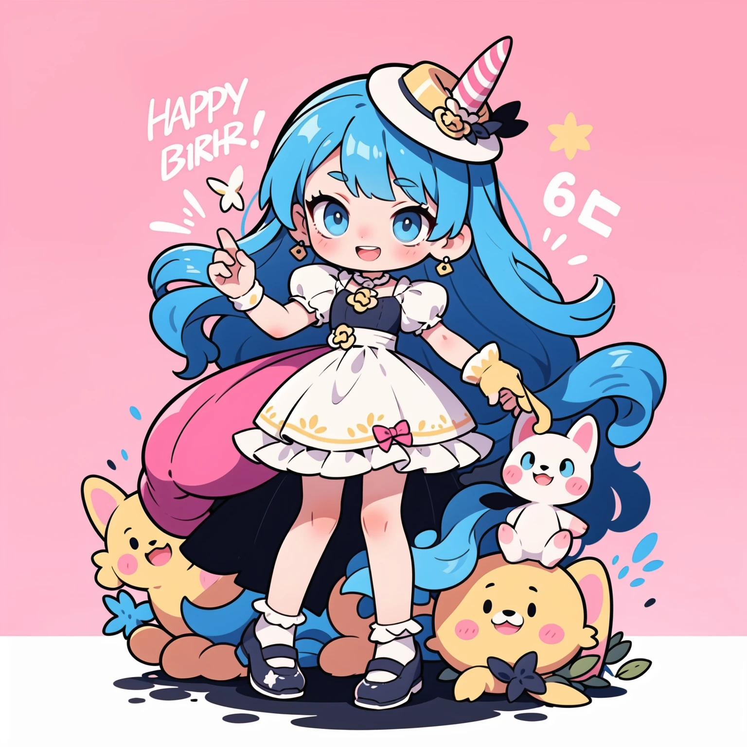 First place girl, best quality, masterpiece, Ultra-high resolution, 8K, (skirt,Small leather shoes) , soft line art, Digital enhancement, Girl comic style, Girls comics core,,  soft drawing, ((Beautiful long blue hair,Clear eyes)), (Bangs)), ((dress)),(cute),(Laughing happily)(Birthday cake in hand),(Ribbon background),Ultra-detailed digital animation art, The face is clearly depicted,  Clear facial features, Comic style, Top quality colors, You can see the angle of the feet, Pretty and beautiful: 1.5, high quality:1.3