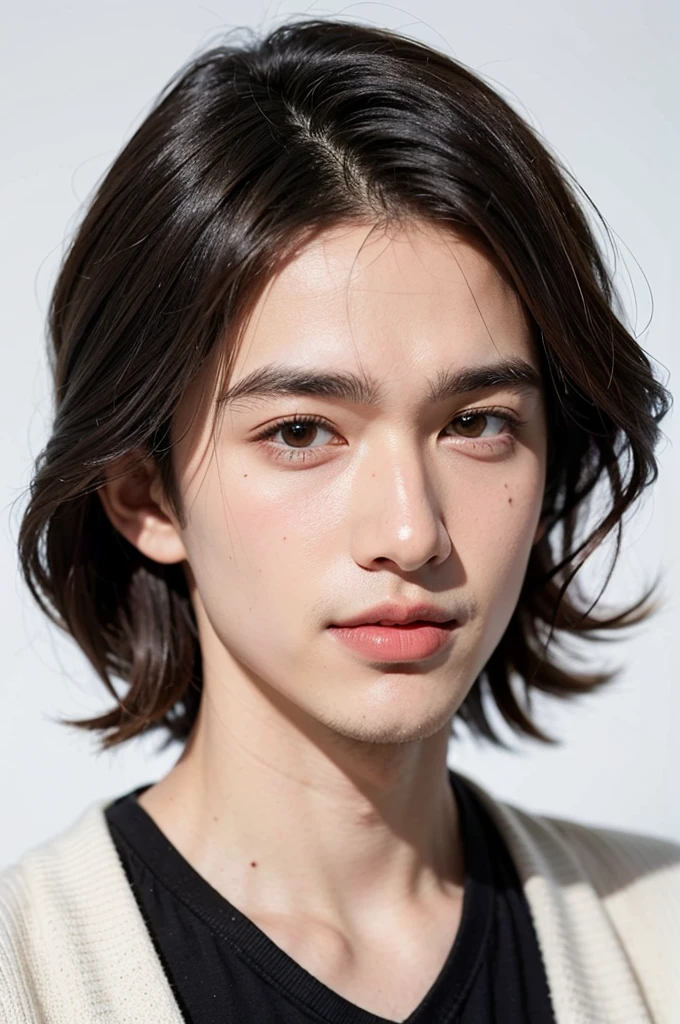 1boy,face,white background,((best quality)), (detailed), perfect face, 19-year-old man with a very attractive physique. He stands 180 cm tall, giving off a strong and dignified impression. His fair skin complements his clean and healthy appearance. His smile is incredibly beautiful, with neatly aligned teeth and symmetrical lips that mesmerize anyone who sees him. His hair is black, styled in a comma hair fashion featuring a curved bang resembling a comma, adding a modern and stylish flair to his look. Notably, there is a noticeable scar on the edge of his eyebrow if closely observed.