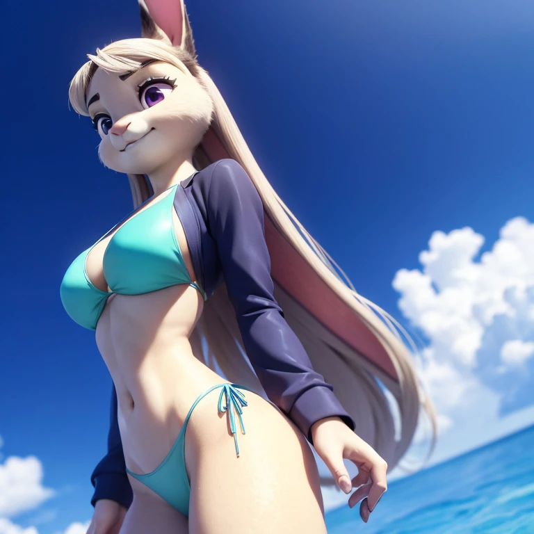 best quality, masterpiece, 3D anime, ((solo)), ((1girl)),  Face is JudyHopps, (long ears like a rabbit:0.8), Body is human lady, two-piece suit, (bikini outfit:1.3), clothes color is {blue, red, yellow, green, white, black}, fluffy and fluffy