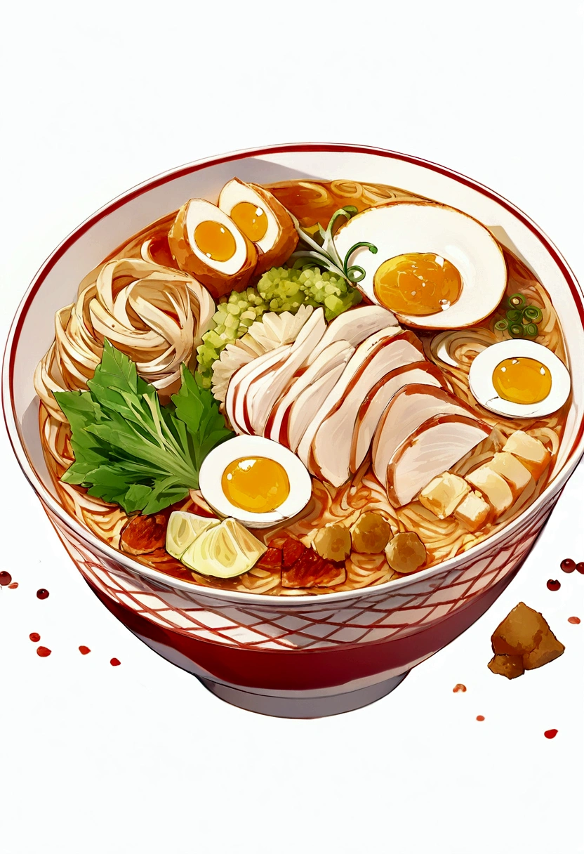 ((Highest quality)), Super detailed, (White background,Food only,There is no one:1.3), (Simple Background:1.2) ,ramen,It fits within the frame,