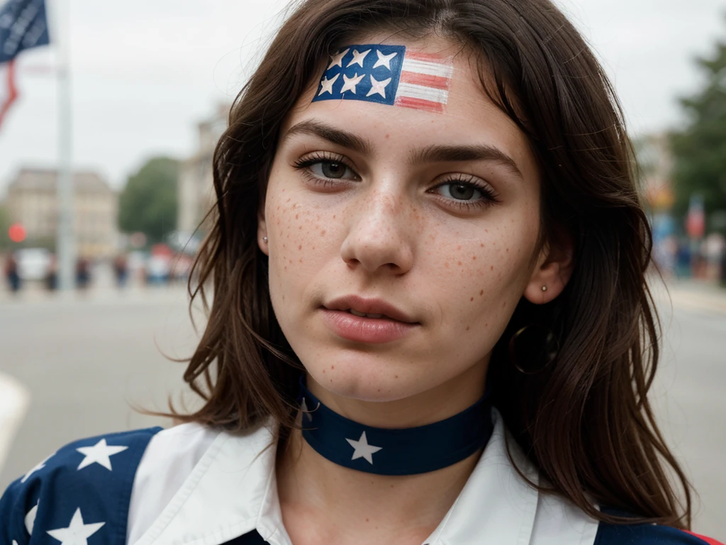 photo, rule of thirds, dramatic lighting, medium hair, detailed face, detailed nose, Woman with American flag painted on her face (Independence Day), freckles, collar or choker, perfect detailed hand tattoo, complex background, realism, realistic, rough Photo background , Analog, Woman, Portrait, Photorealistic, Analog, Realism, Background of a street on Independence Day