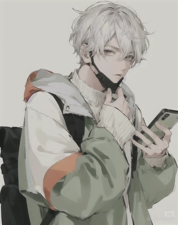 Anime Shōnen with white hair and a backpack holding a cell phone, Male Anime Style, as an Anime characters, Young Anime Guy, modern anime style, Anime-style characters, male Anime characters, Looking at mobile phone, Anime characters, Anime Shōnen, High quality anime art style, Clean and detailed anime style, Anime Aesthetics, In anime style, Anime full body illustration