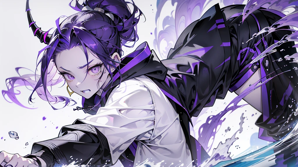 happy boy. open forehead. dark purple hair braided in a ponytail on the left side to one side. sinuous black horns wrapped in dark purple ribbon. pale violet eyes. in short dark purple shorts. long white T-shirt. dark purple knee-high socks. a white long robe with a hood flutters in the wind. black ancient stone castle walls. purple light from lamps with gold ornaments. water on semi