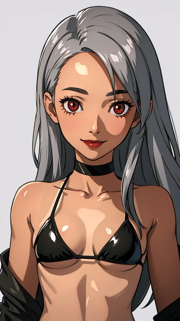1 girl, Red eyes, long hair, black choker, black lipstick, smile, white hair, medium breast,forehead, face portrait, bandeau, wheatskin bikini tanlines