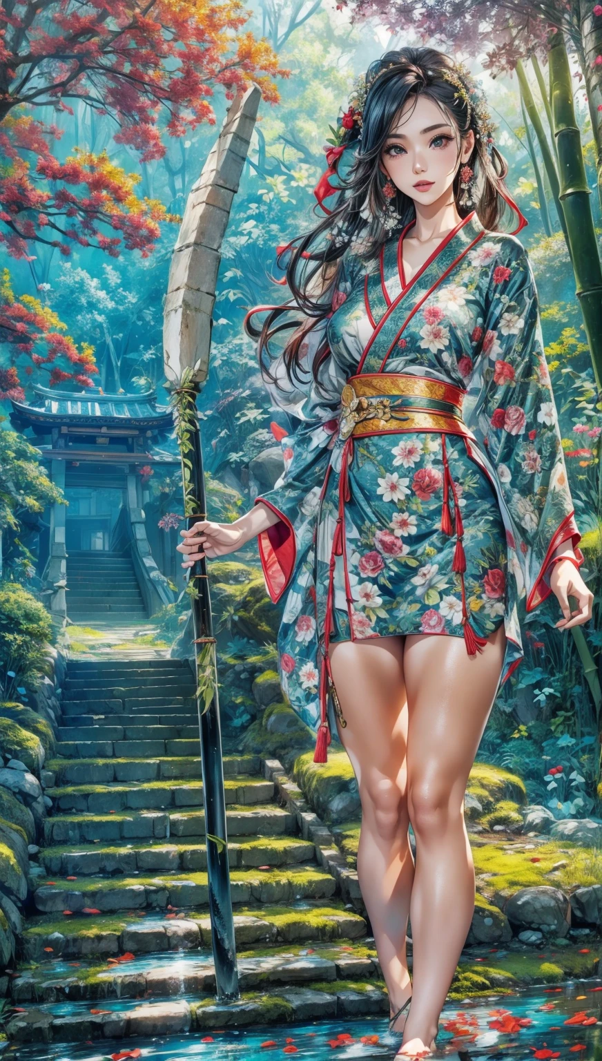 Gripping the naginata in his right hand、Puddles at my feet、Feet are bare、The background is fresh green、moss、bamboo、The background is green、Emphasis on fullness of the breasts