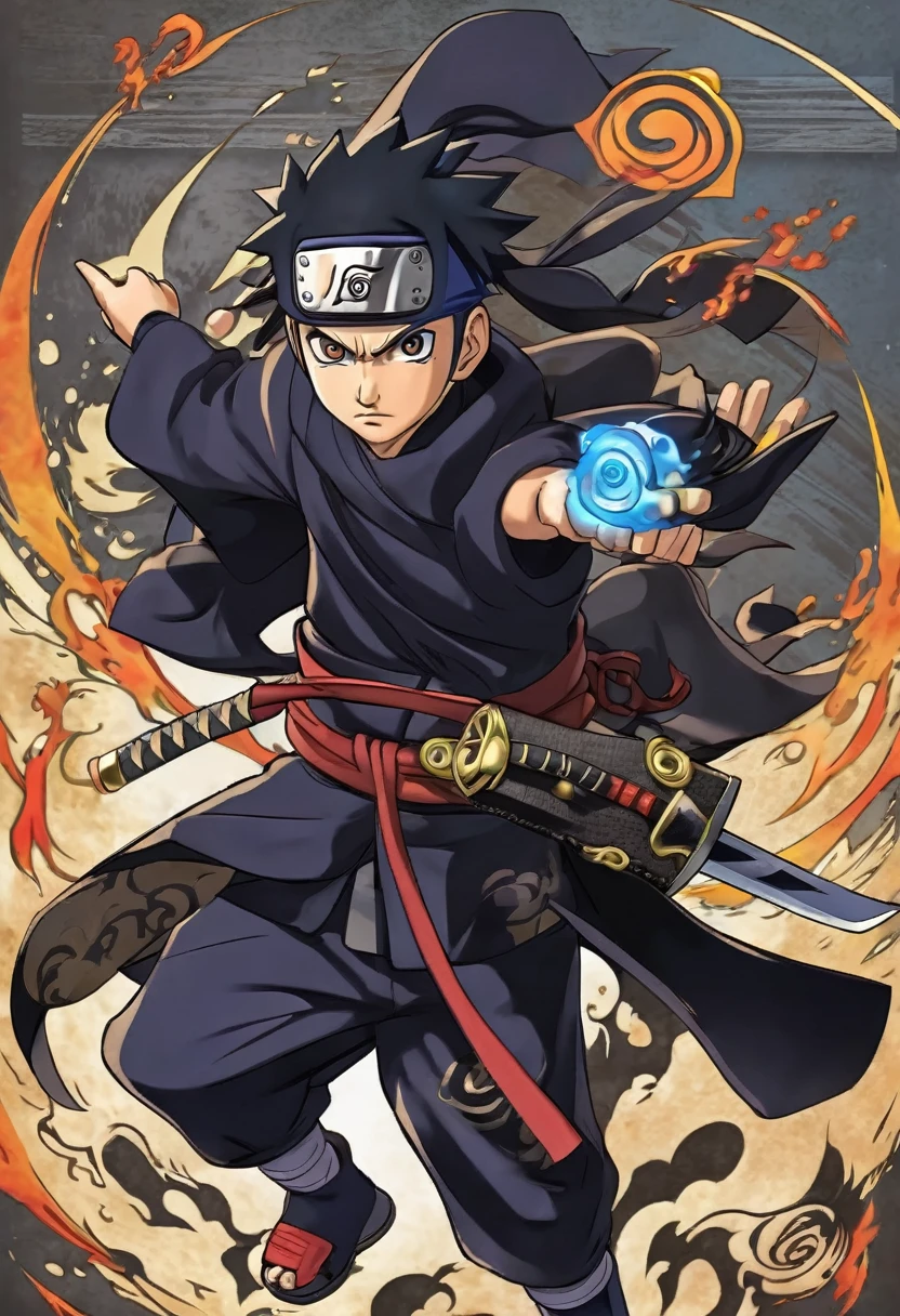 Noiru&#39;s eyes are her most striking feature, displaying the typical Byakugan of the Hyuga clan, with a pearlescent hue that seems to almost glow in certain lights. His gaze is intense and focused, always pay attention to the environment around you. He wears the traditional clothes of a genin, consisting of a white long-sleeved shirt and dark pants, complemented by fabric bands that wrap around your forearms and shins, ready for protection and support during combat.

No belt, he carries his ninja weapons bag, contendo shurikens and kunais, plus some basic scrolls. in back, wears the forehead protector with the symbol of Konoha anime naruto, art style
