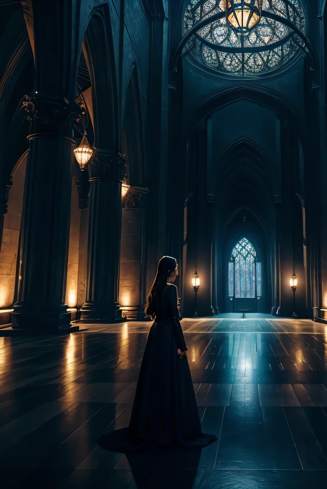 Create a captivating book cover for "Forbidden Path of Betrayal" with a dark blue, black, and red color theme. Center the cover around a grand hall inside the Malevolent Academy, featuring gothic architecture and dim, mystical lighting. In the background, depict shadowy figures of other academy students engaged in various magical activities, adding depth and intrigue. In the foreground, place Isabel Cesaire, partially illuminated by a soft, golden light on one side and cast in shadow on the other, symbolizing her internal struggle. Surround her with mystical elements like ancient runes and glowing orbs. Use ornate, magical fonts for the title at the top and a complementary, elegant font for the subtitle and author name, ensuring they stand out against the dark, enchanting backdrop.