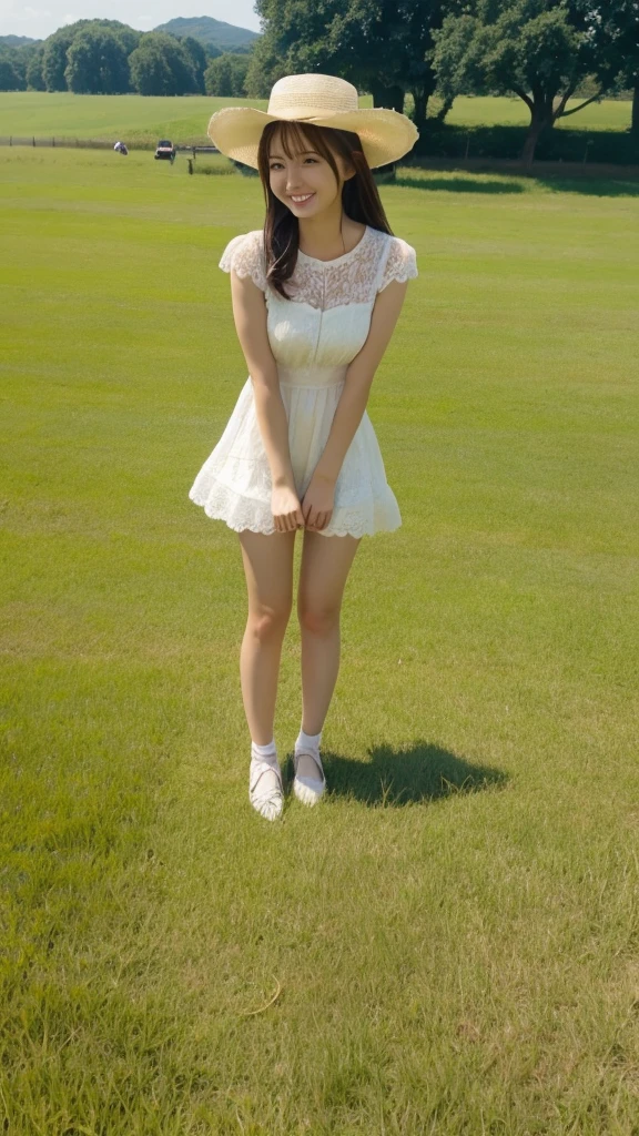 grassland、one piece、Fluffy lace、The wind is blowing、hat、smile、Beautiful legs