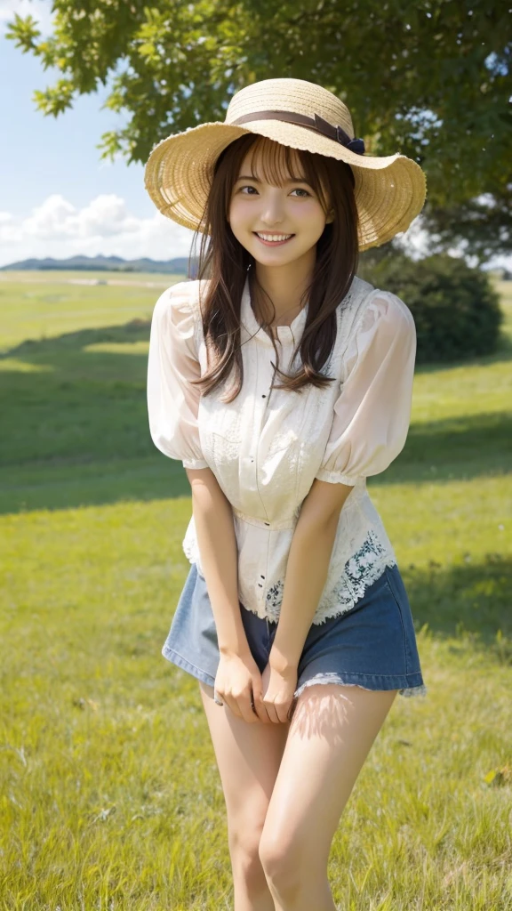 grassland、one piece、Fluffy lace、The wind is blowing、hat、smile、Beautiful legs