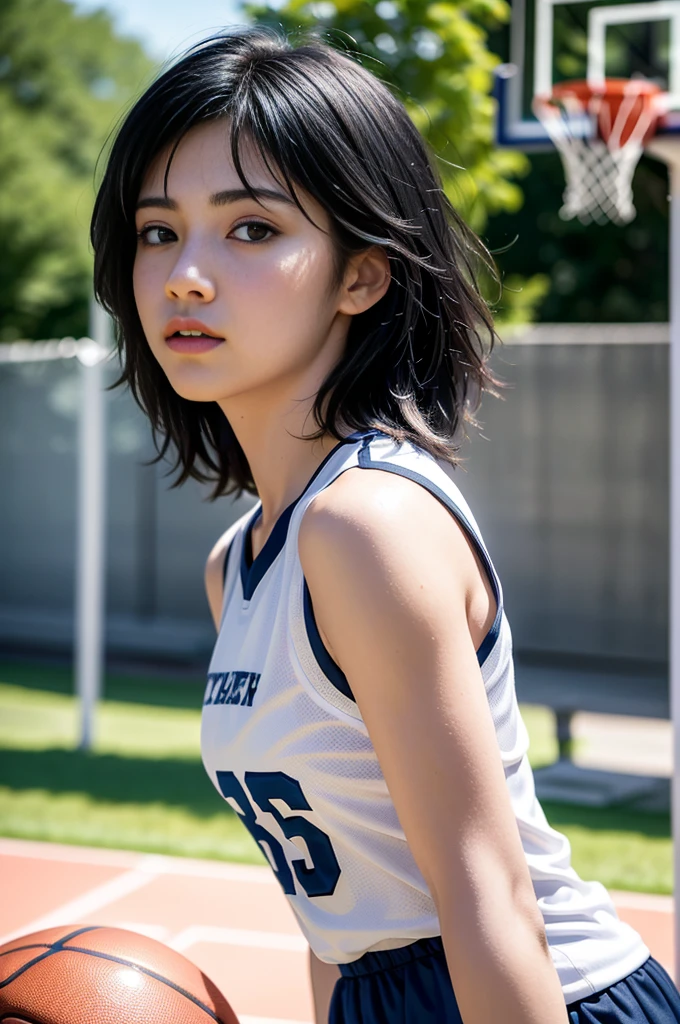 (8k, best quality, masterpiece:1.2), (realistic, photo-realistic:1.37), ultra-detailed,best quality, ultra high res, professional lighting, photon mapping, radiosity, physically-based rendering, cinematic lighting, basketball court,depth of field, sharp focus,sunbeam, good composition,(bokeh:1.2) 1girl,solo,(full body), (closed mouth),beautiful detailed eyes, pose, narrow waist,basketball uniform, black hair,messy hair,long hair floating in wind,(ulzzang-6500:1.2)
 mix4, hiqcgbody