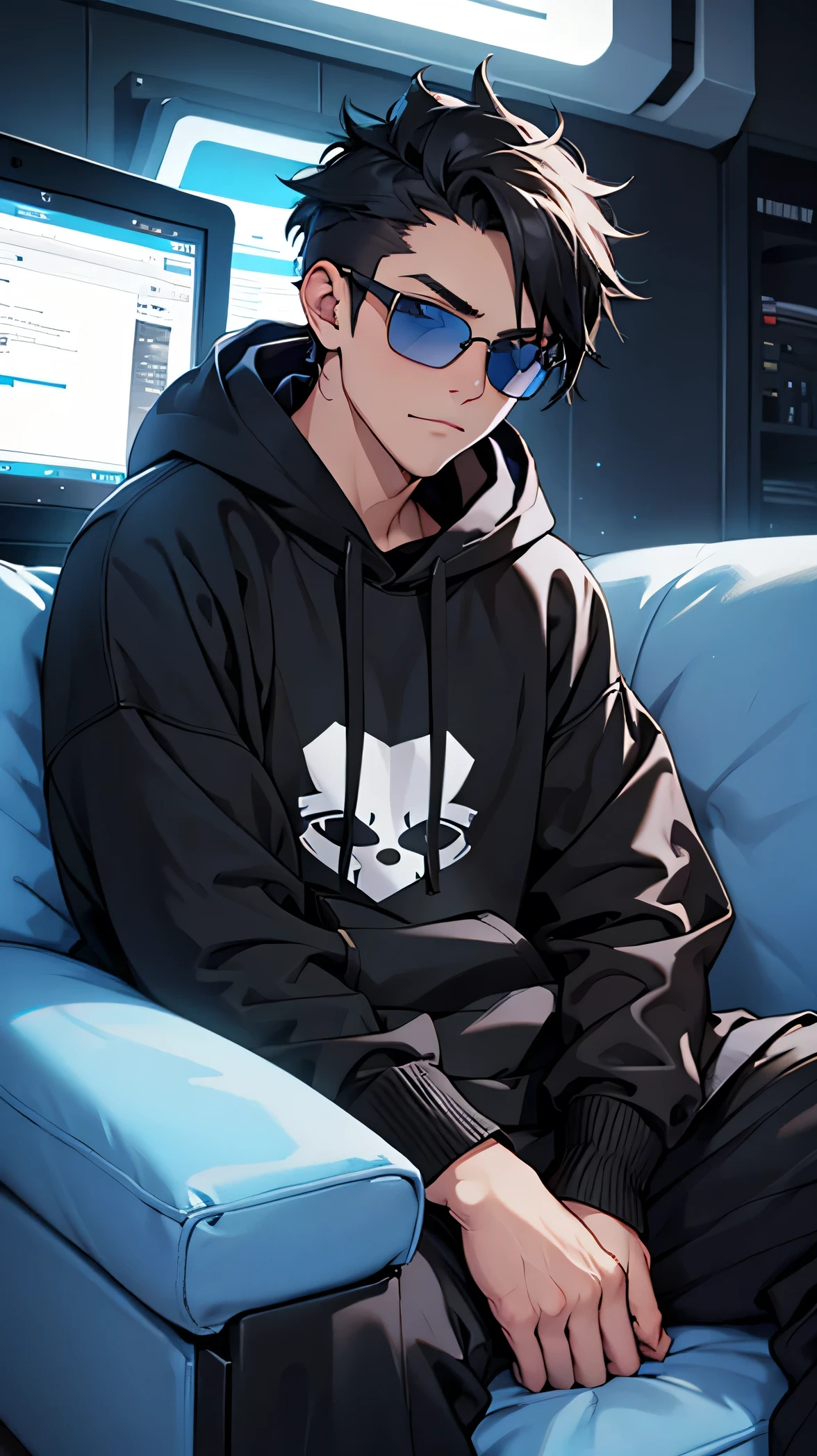 A cute boy using laptop sitting on a sofa, camera angle front, wearing black hoodie and black sunglasses, futuristic room