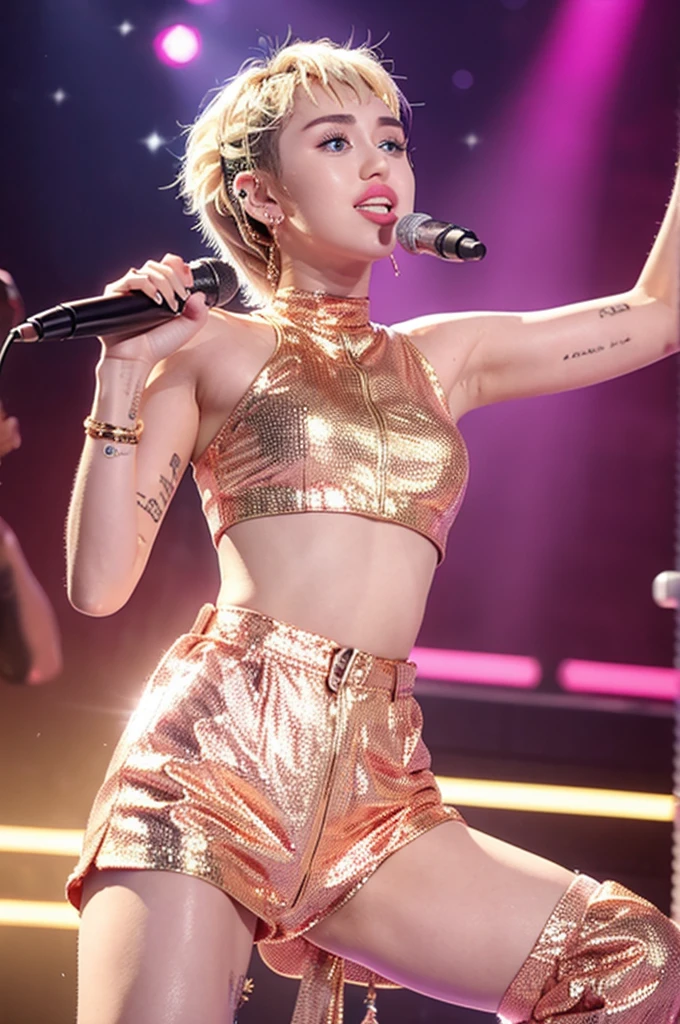 Miley Cyrus, beautiful, wearing a golden pink performance outfit