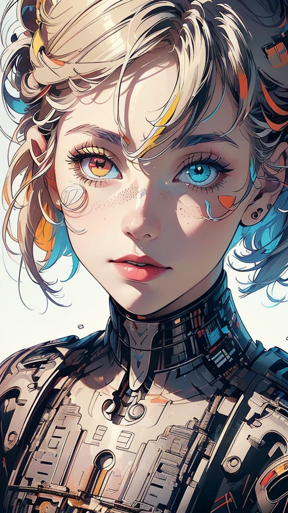 (((masterpiece, highest quality))),(((solo:1.2))),(((1girl:1.2))),32k wallpaper, very detailed,(((((portfolio))))),(((((Close-up))))),(((((bust up))))),((((more various angle)))),(((highlight))),((((heterochromia)))),(((complete. detailed face))),((((Extremely talented)))),(((((most complicated machine))))),(((genius mechanic))),((Overall colorfully)),(cyborg),(((text))),(((typography))),(((sentence))),(((Label)))