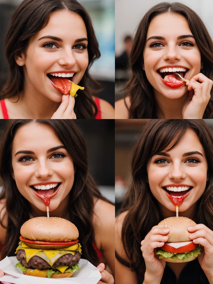 Quick cuts of smiling people biting into burger, with expressions of pleasure and satisfaction on their faces.