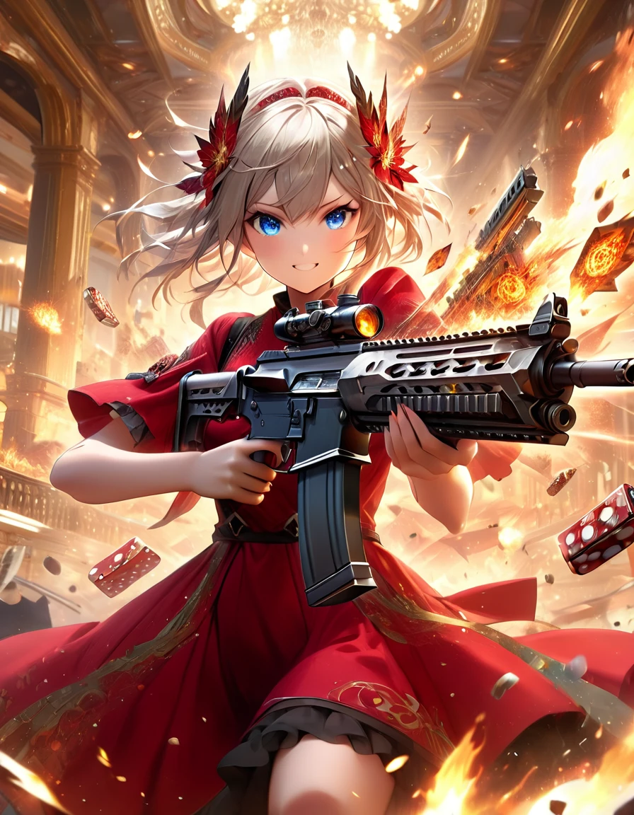 A young and beautiful woman_cyborg、A grinning expression、(China dress:1.4)、(Assault rifle fires at high speed:1.7)、(Motion Blur Effect:1.5)、Chaos inside the casino、Frenzy、is in destruction、(Highest quality、4K、8K、High resolution、masterpiece:1.2)、Super detailed、(Real、Photorealistic、Photorealistic:1.37)、Detailed facial features、Intricate dress patterns、Impressive pose、Dramatic lighting、Cinematic composition、Bright colors、dystopian atmosphere