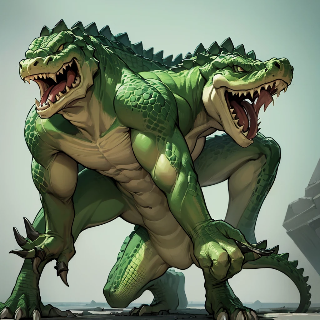 ((((No humans))))、Libra, reptiles, Humanity, Crocodile, green body, scale, There is nothing there, Crocodilian, facial, Muscular, green scale, teeth、get annoyed、Fighting stance、Movement angle、(White background)