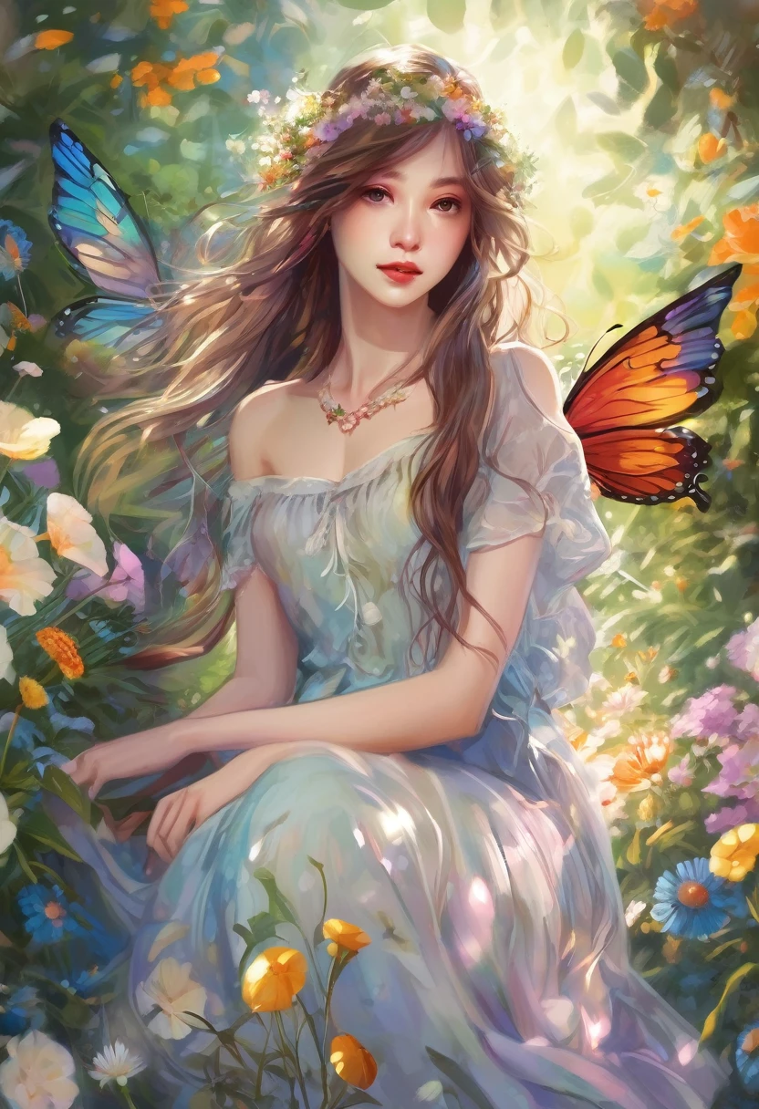 (A girl in a garden),illustrated,subdued colors,beautiful detailed eyes,beautiful detailed lips,long hair,fairy wings naughty,floral flowers colorful,butterflys,ethereal glow,medium dress,lovely expression,posing gracefully,bright sunlight