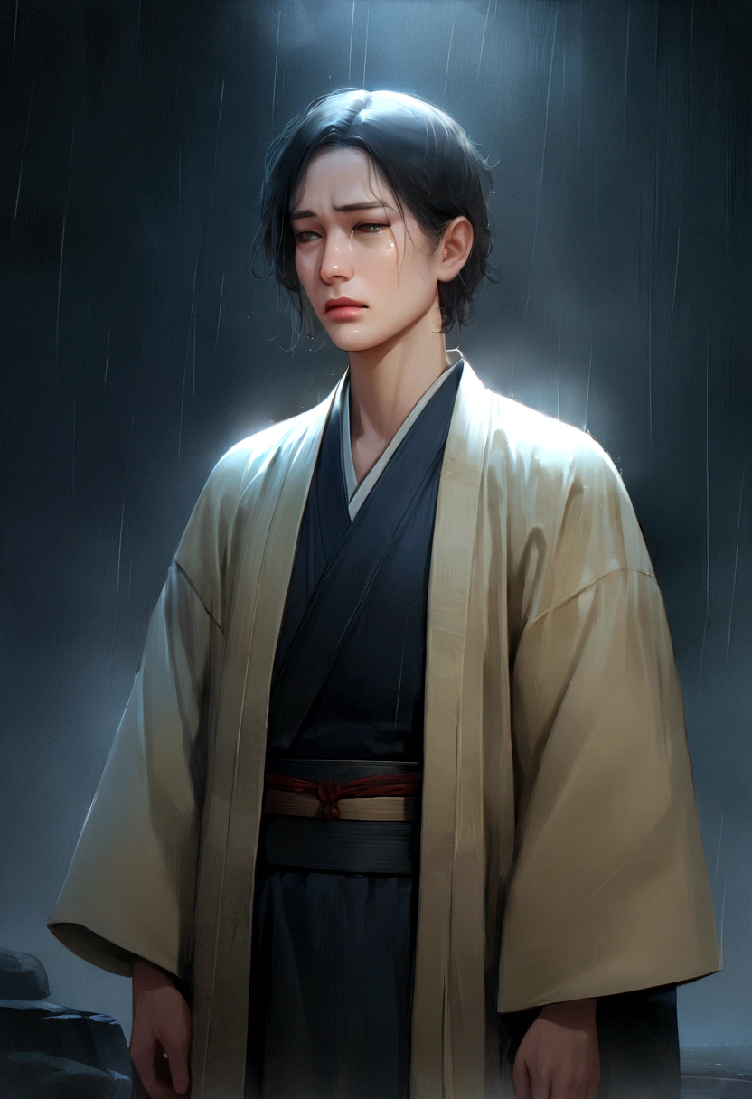 (highres, realistic, 4k, ultra-detailed, masterpiece:1.2),cowboy shot (no hat:1.5), 1 boy, glowing green eyes, black hair, ((bob hair)), wounded, KImono, Japanese clothes, fox mask, ((in the night)), rainy sky, dramatic lighting, silent lonliness, vivid colors, enchanting beauty, sad, depressed, longer hair, onnagata. Beaten up, damage.