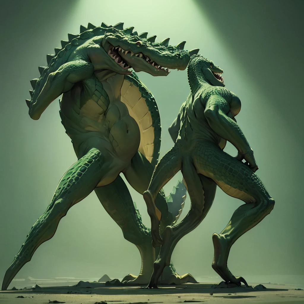 ((((No humans))))、Libra, reptiles, Humanity, Crocodile, green body, scale, There is nothing there, Crocodilian, facial, Muscular, green scale, teeth、get annoyed、Fighting stance、Movement angle、(White background)、(From the back、Back view)