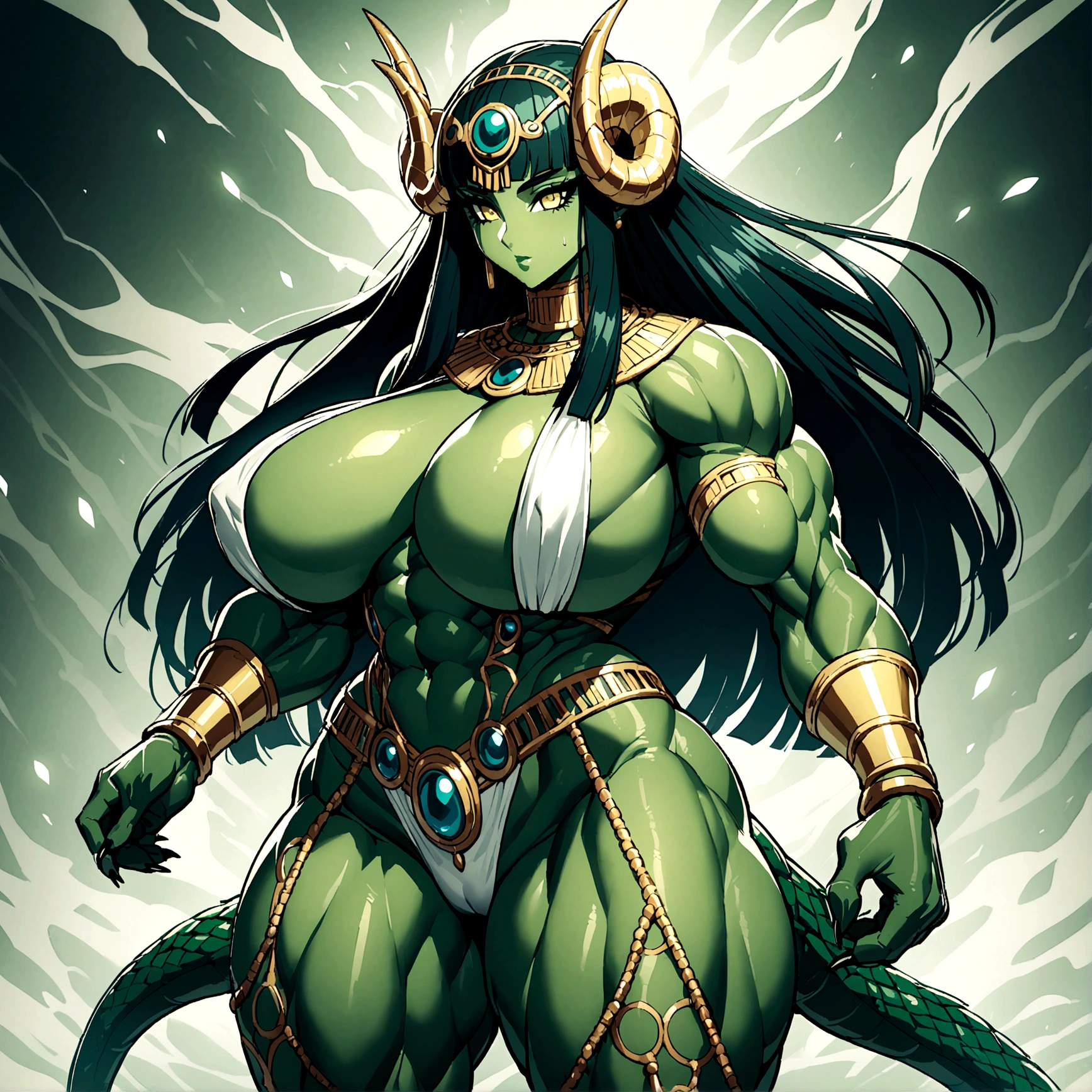 Cleopatra girl, pink ponytail hair, huge breasts, extreme muscular body, extreme muscular arms, extreme muscular tights, green scale skin, dragon horns, dragon wings, paws, 3 dragon tails.