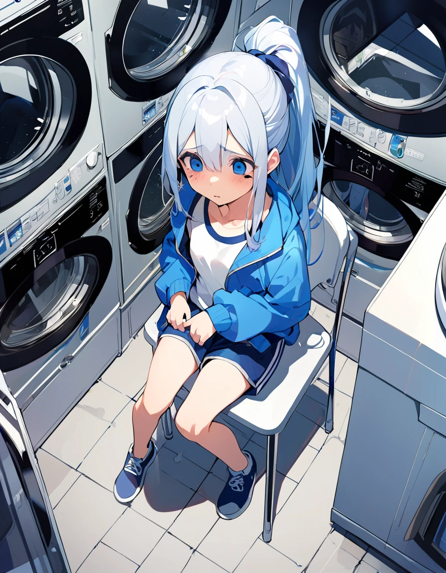 1girl,19 years old,blue-long-hair,high-ponytail,blue-eyes,(tall-stature:1.2),flat-chest,empty-eyes,anguish,school-gym-shirt,blue_track-pants,sitting on a chair,laundry, washing machine,(laundromat:1.3),from_above,