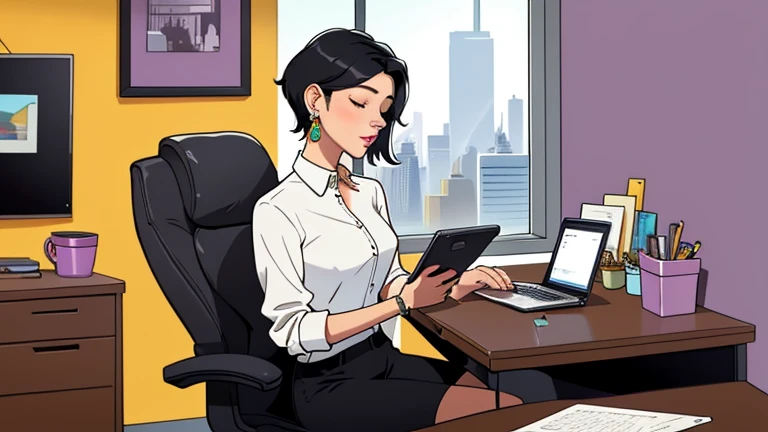 Beautiful short black-haired woman in her 30s sitting purple chair in an spacious and colorful office. looking down and closing her eyes, relaxed atmosphere, cozy, LOFI girl, alone in the room, white blouse, desk, documents, laptop, pen, watch, smartphone, stationery, wide glass window, only five fingers, New York, colorful, well-proportioned face, I can see skyscrapers outside the window, Colorful wall, pierced earrings, She is fashionable, ring, cabinet, In the background there are many desks and people, coffee cup, Well-proportioned face