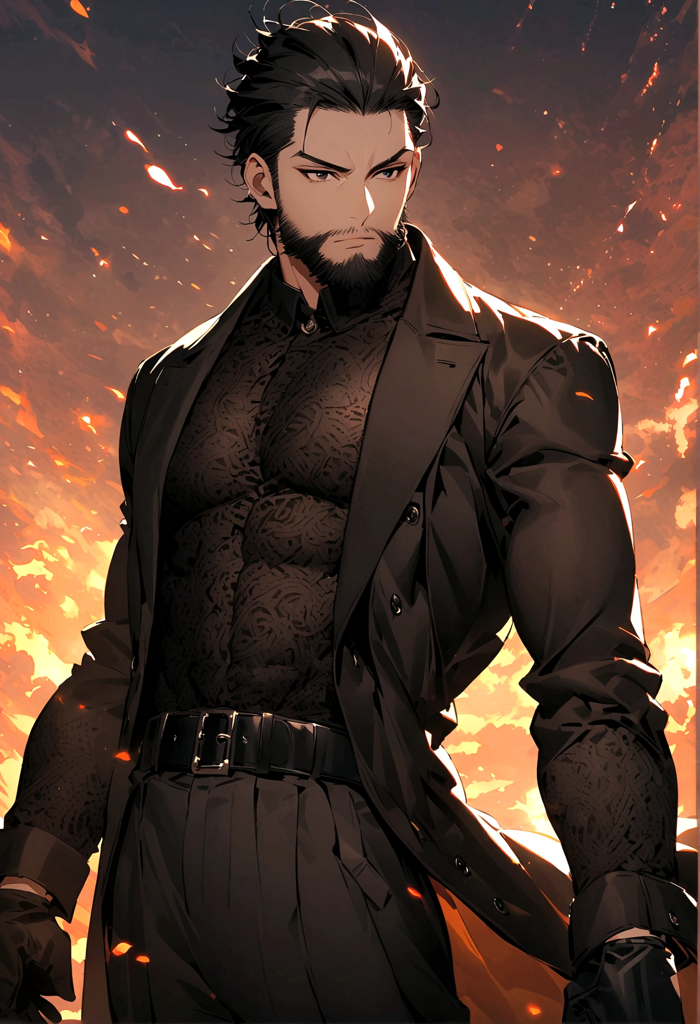 masculine man, high , muscular , with full black suit and open black trench coat , short black hair combed back and black eyes , black belt and black gloves ,Delgado , black beard