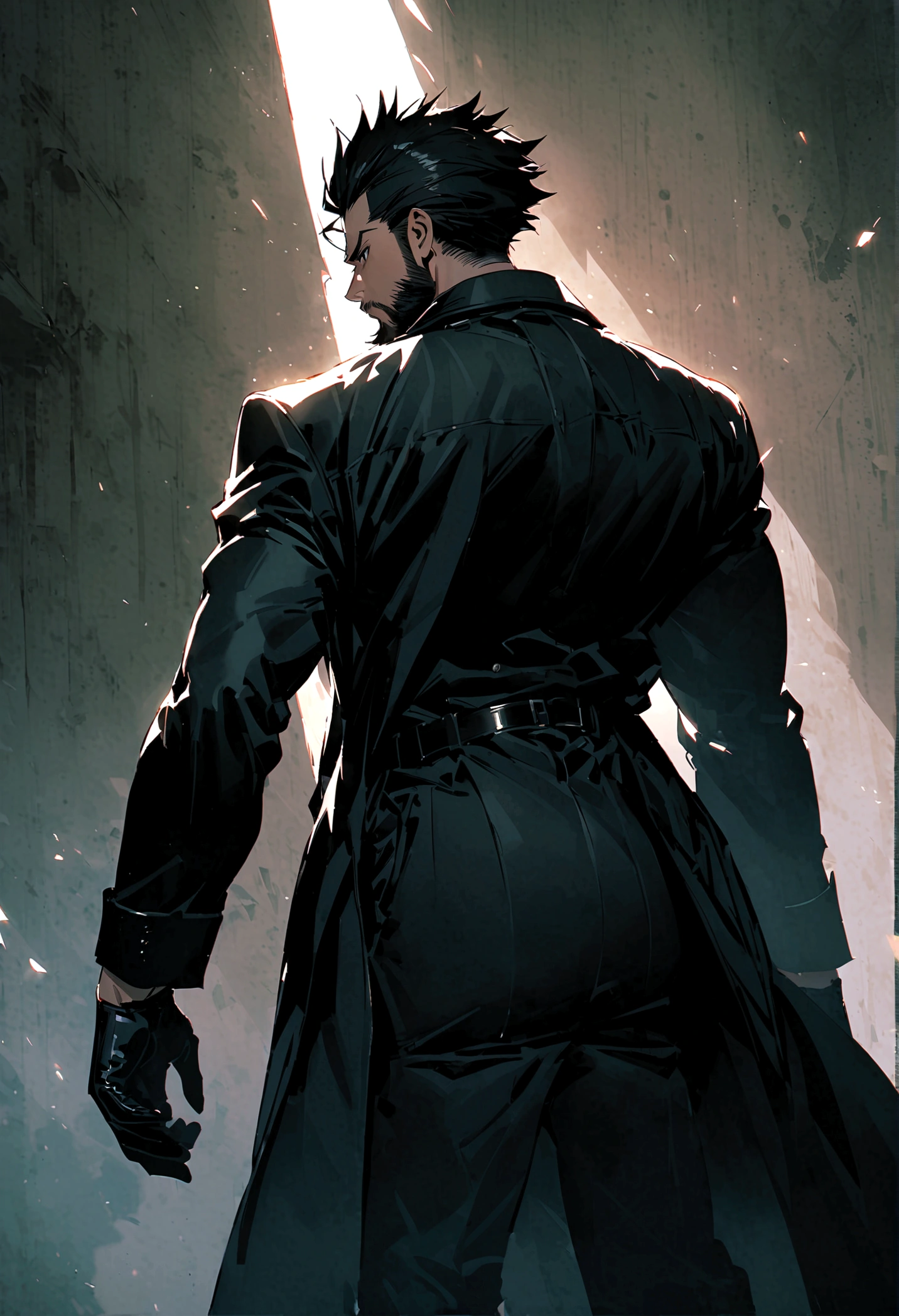 masculine man, high , muscular , with full black suit and open black trench coat , short black hair combed back and black eyes , black belt and black gloves ,Delgado , black beard