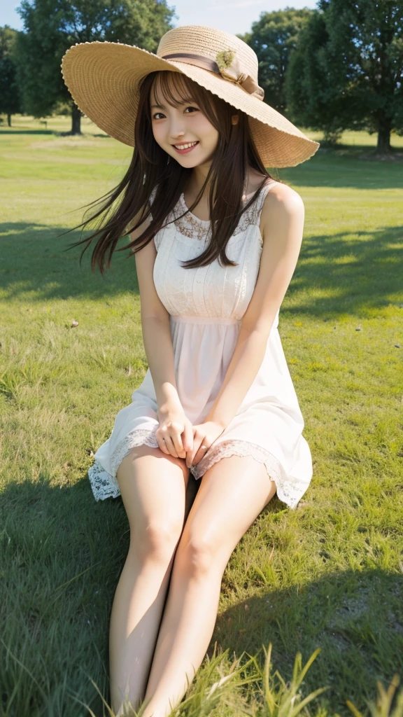 grassland、one piece、Fluffy lace、The wind is blowing、hat、smile、Beautiful legs