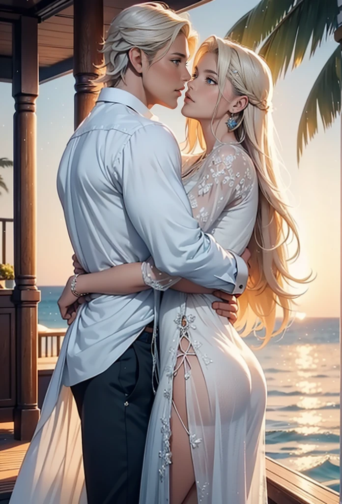 A warm summer evening, sunset, light breeze, a couple kissing and hugging on the deck of a luxury yacht: 1 woman (an incredibly beautiful young femme blonde with blue eyes and long golden hair reaching to the waist, she is wearing a beautiful shimmering silk dress with thin lace, romantic appearance) and 1 man (tall, a handsome, handsome, masculine, athletic young man is platinum blond, he has blue eyes, tanned skin, long straight platinum hair, he is dressed in a light shirt and trousers). The ocean breeze. Masterpiece, perfect image, realistic photos, full-length image, 8K, detailed image, extremely detailed illustration, a real masterpiece of the highest quality, with careful drawing. glow. In full growth. they are in love with each other.