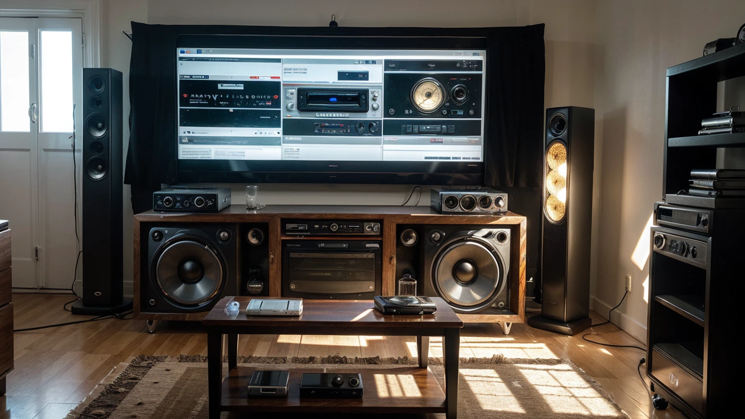 together, horizontal, Ultra-realistic stereo with illuminated radio tuning display, with two speakers on the sides. In a modern, futuristic studio, seen from the front, no slopes