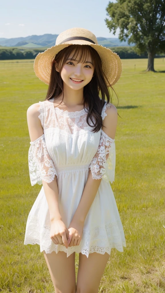 grassland、one piece、Fluffy lace、The wind is blowing、hat、smile、Beautiful legs