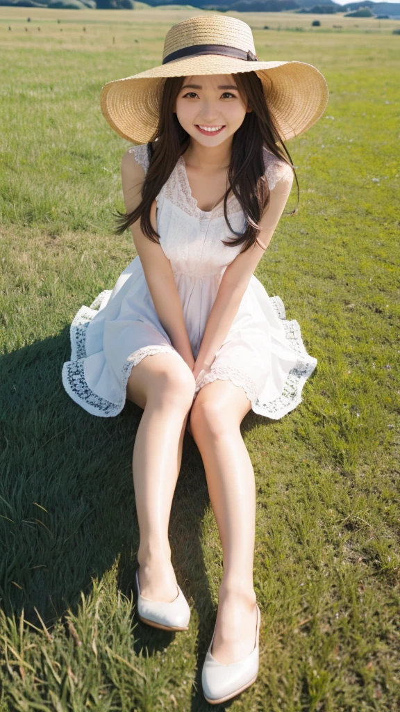 grassland、one piece、Fluffy lace、The wind is blowing、hat、smile、Beautiful legs