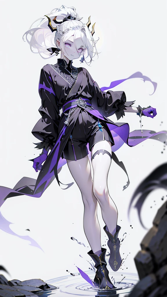 happy boy. open forehead. white hair braided in a ponytail on the left side to one side. sinuous black horns wrapped in dark purple ribbon. pale violet eyes. in short dark purple shorts. long white T-shirt. dark purple knee-high socks. a white long robe with a hood flutters in the wind. black ancient stone castle walls. purple light from lamps with gold ornaments. water on semi