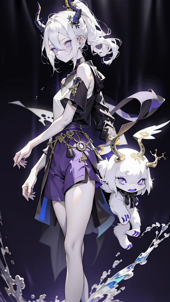 happy boy. open forehead. white hair braided in a ponytail on the left side to one side. sinuous black horns wrapped in dark purple ribbon. pale violet eyes. in short dark purple shorts. long white T-shirt. dark purple knee-high socks. a white long robe with a hood flutters in the wind. black ancient stone castle walls. purple light from lamps with gold ornaments. water on semi