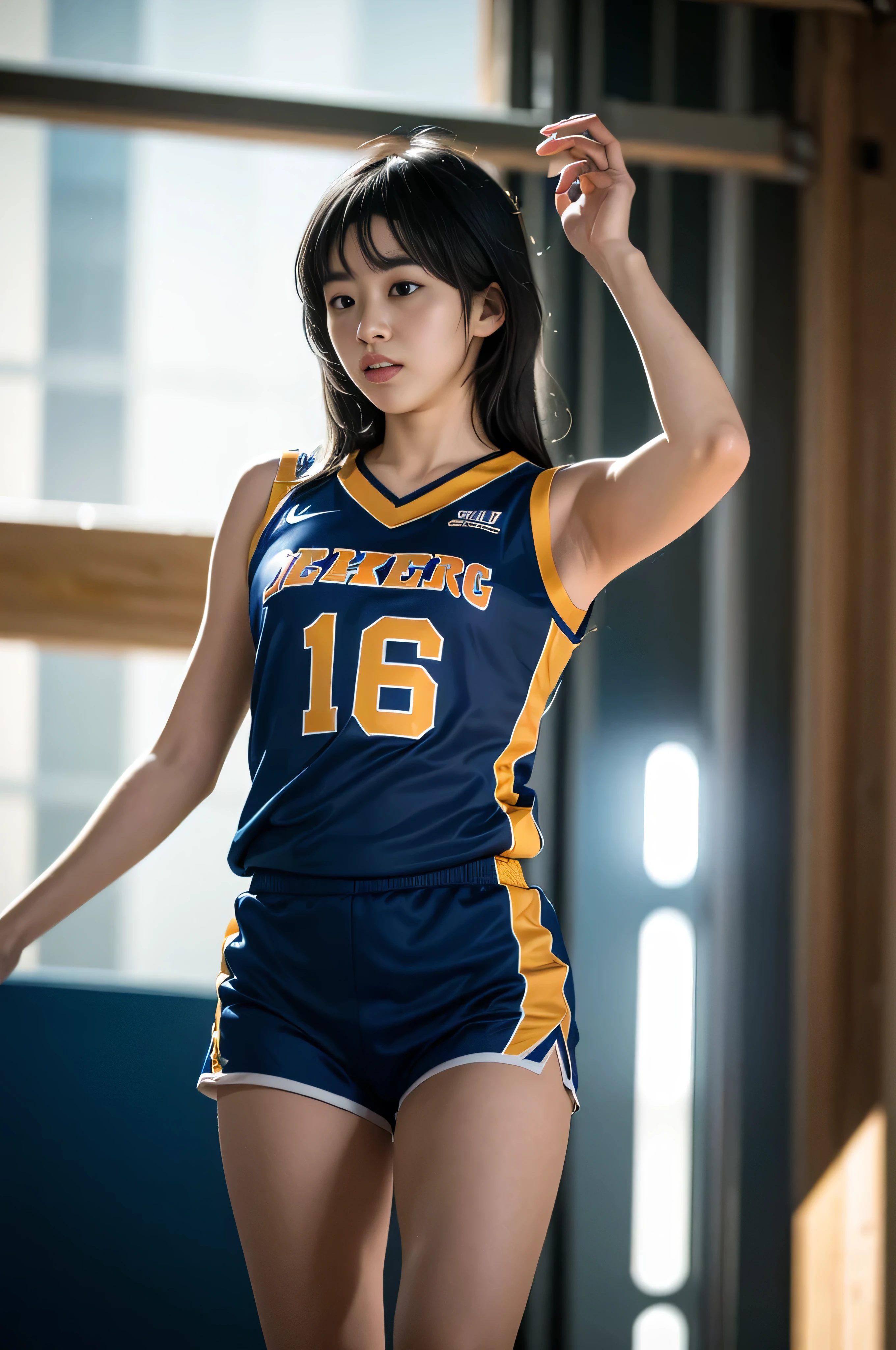 (8k, best quality, masterpiece:1.2), (realistic, photo-realistic:1.37), ultra-detailed,best quality, ultra high res, professional lighting, photon mapping, radiosity, physically-based rendering, cinematic lighting, basketball court,depth of field, sharp focus,sunbeam, good composition,(bokeh:1.2) 1girl,solo,(full body), (closed mouth),beautiful detailed eyes, pose, narrow waist,basketball uniform, black hair,messy hair,long hair floating in wind,(ulzzang-6500:1.2)
mix4, hiqcgbody