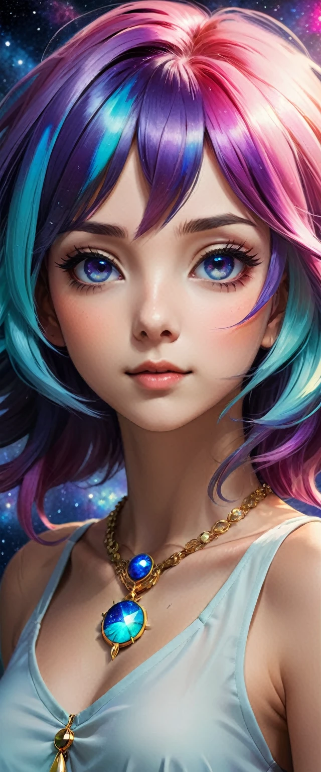 Close-up portrait:Stunning anime girl with space colored hair and necklace (up_portraitClose price:1.3)Enchanting anime girl with vibrant space-colored hair、Rossdraws&#39; soft vitality(Rossdraws_soft_vitality:1.5)、Govezスタイルのアートワーク(Govez_style:1.3)、Fantasy art style(fantasy_art_style:1.4)、Colorful digital fantasy art(Digital_fantasy_art:1.4)、Stunning and beautiful anime style(beautiful_アニメ_style:1.5)、