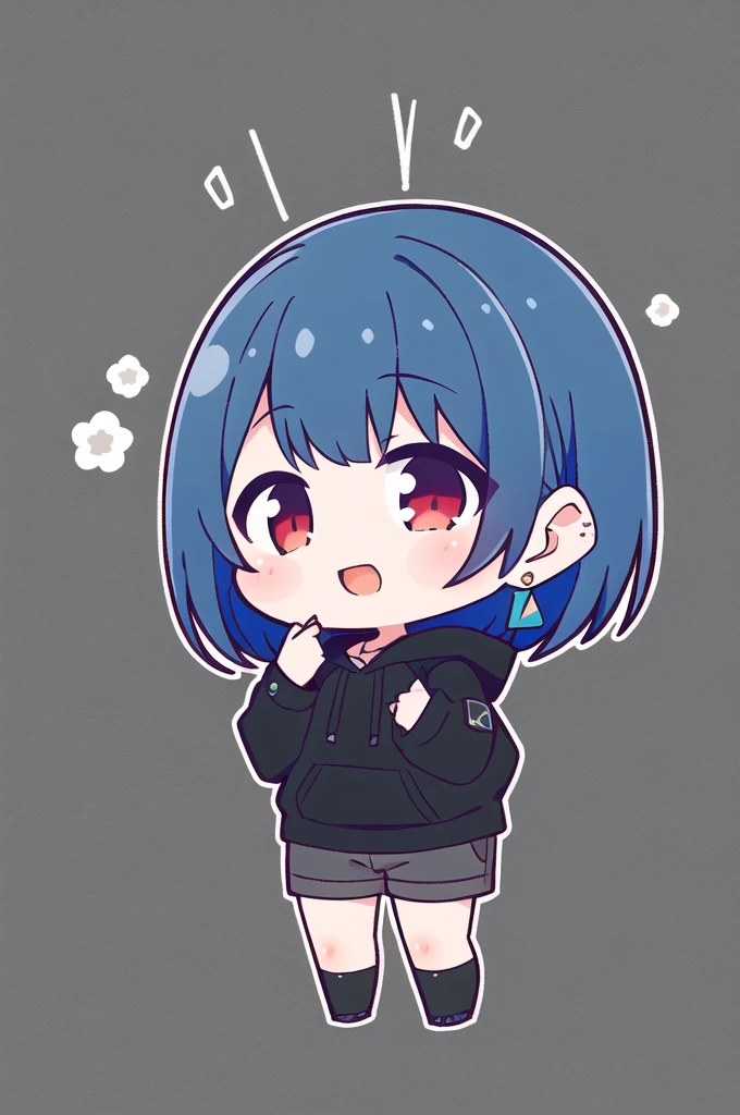 masterpiece, best quality,  ALLMIND, 1girl, bluehair, earring, red eyes, black sweatshirt, black thigh highs, black cargo shorts, happy, looking at viewer, simple background, chibi  