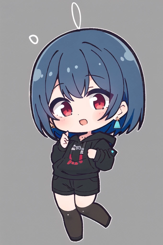 masterpiece, best quality,  ALLMIND, 1girl, bluehair, earring, red eyes, black sweatshirt, black thigh highs, black cargo shorts, happy, looking at viewer, simple background, chibi  