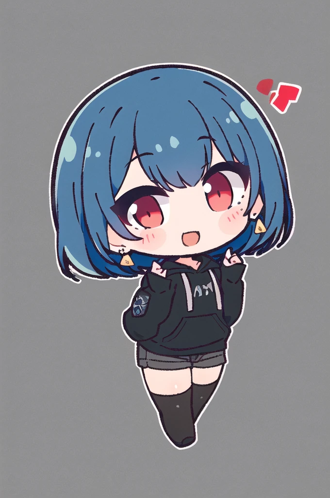 masterpiece, best quality,  ALLMIND, 1girl, bluehair, earring, red eyes, black sweatshirt, black thigh highs, black cargo shorts, happy, looking at viewer, simple background, chibi  