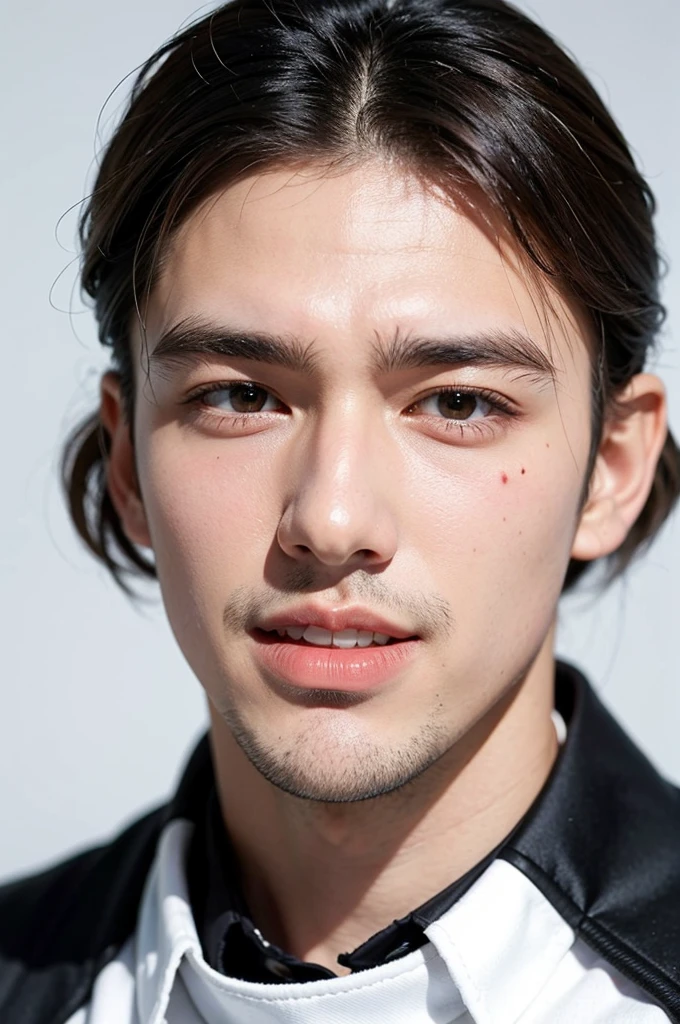 ((best quality)), (detailed), perfect face, 19-year-old man with a very attractive physique. He stands 180 cm tall, giving off a strong and dignified impression. His fair skin complements his clean and healthy appearance. His smile is incredibly beautiful, with neatly aligned teeth and symmetrical lips that mesmerize anyone who sees him. His hair is black, styled in a comma hair fashion featuring a curved bang resembling a comma, adding a modern and stylish flair to his look. Notably, there is a noticeable scar on the edge of his eyebrow if closely observed, white background. 