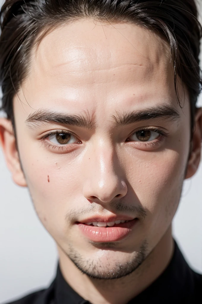 ((best quality)), (detailed), perfect face, 19-year-old man with a very attractive physique. He stands 180 cm tall, giving off a strong and dignified impression. His fair skin complements his clean and healthy appearance. His smile is incredibly beautiful, with neatly aligned teeth and symmetrical lips that mesmerize anyone who sees him. His hair is black, styled in a comma hair fashion featuring a curved bang resembling a comma, adding a modern and stylish flair to his look. Notably, there is a noticeable scar on the edge of his eyebrow if closely observed, white background.