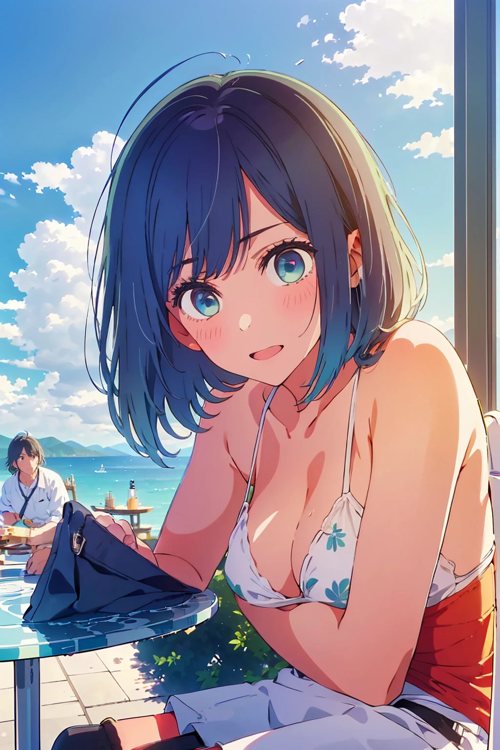 (Highest quality:1.4、8K:1.4、detailed)、F cup bust、Big Breasts、Slim body、Very white beautiful skin、((((1 person、Surprised expression、sit、Chair、In the background are the urban buildings of Tokyo、looking at the camera、Outdoor café terrace、coastal、Navy hair color、juice、White side string high leg bikini、Shooting up close、Shooting from an angle、Leaning forward、table、Very cute face))))、(Waving:1.4)、Very blue sky、A completely cloudless sky