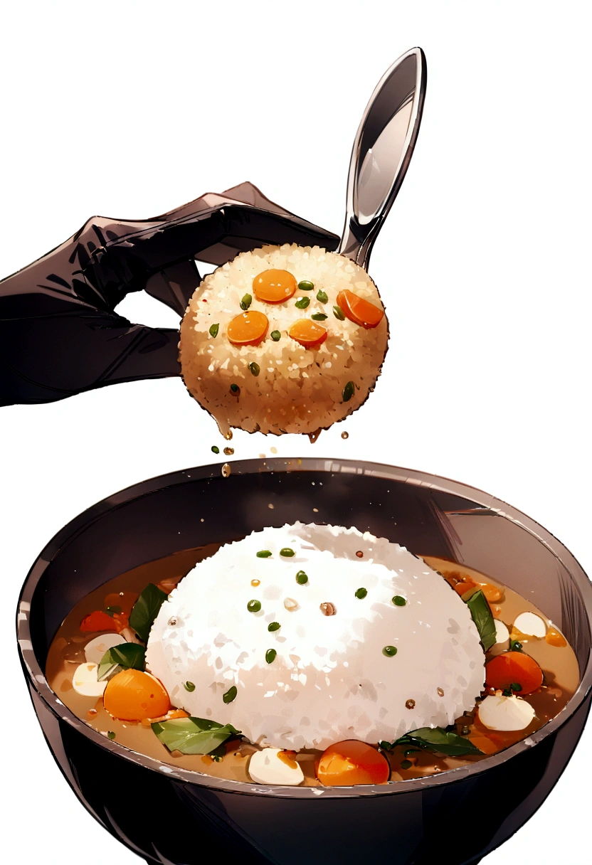 ((Highest quality)), Super detailed, (White background,Food only,There is no one:1.3), (Simple Background:1.2) ,Rice curry,It fits within the frame,Rice and curry are separate,Small serving,Not a large serving