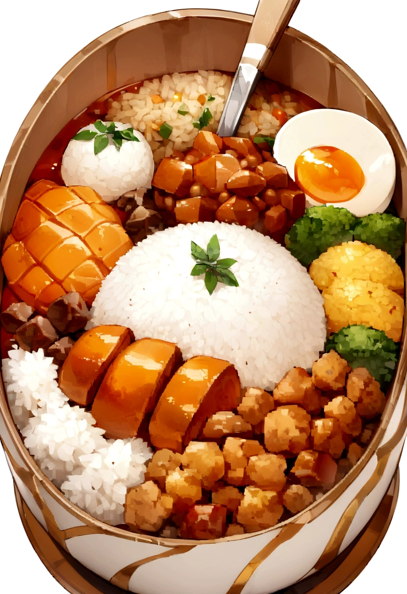 ((Highest quality)), Super detailed, (White background,Food only,There is no one:1.3), (Simple Background:1.2) ,Rice curry,It fits within the frame,Rice and curry are separate,Small serving,Not a large serving